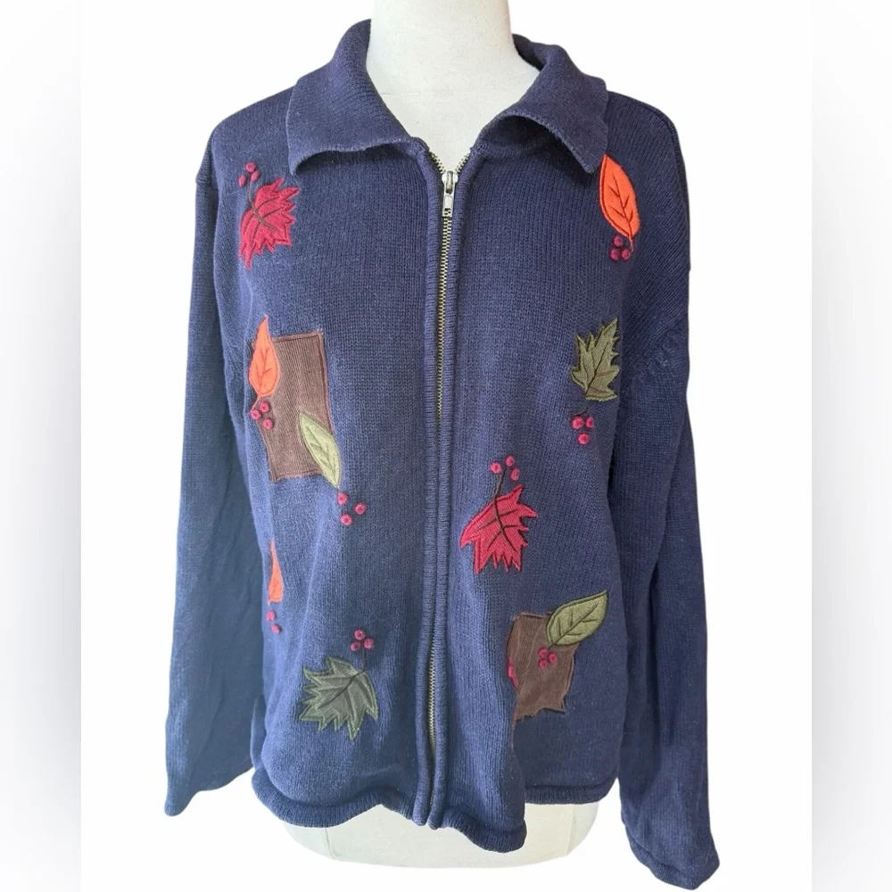 Late 1980s/90s Crystal Kobe Ramie/Cotton Collared Fall Embroidered Full Zip Card